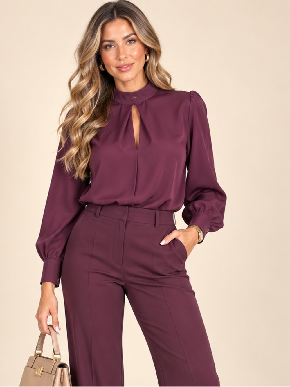 Women’s Plum Satin Mock Neck Keyhole Blouse Long Sleeve Career Top XL